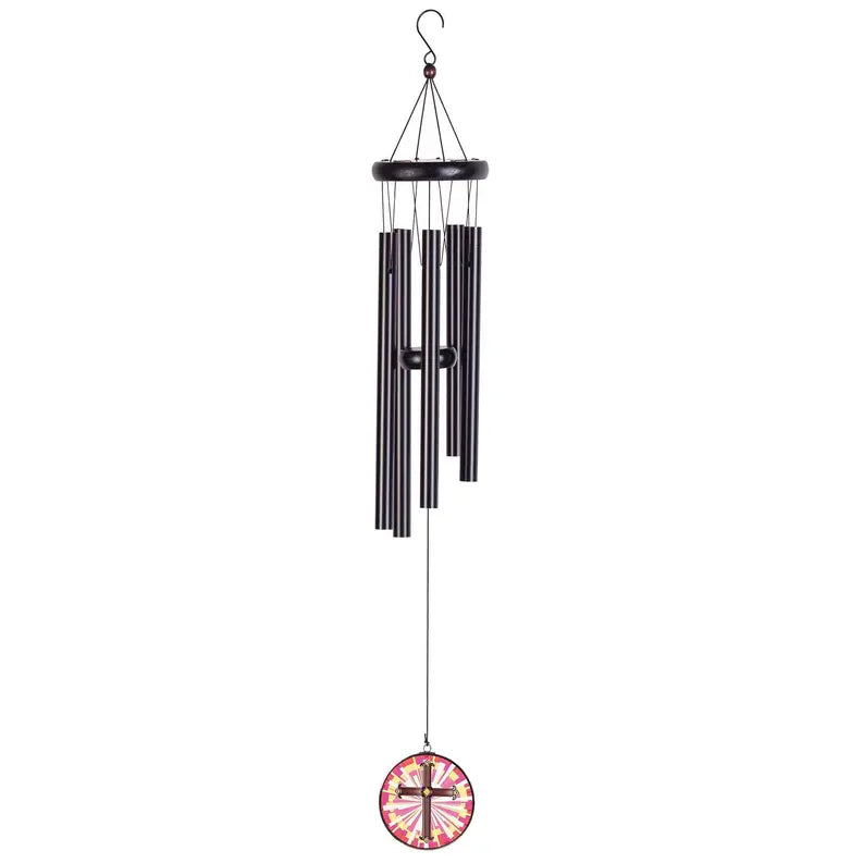 Black metal wind chime with five tubes and a colorful resin medallion, perfect for outdoor decor.