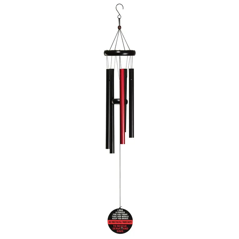 Black and red metal wind chime with six tubes, featuring a wooden top and a round base with inspirational text.