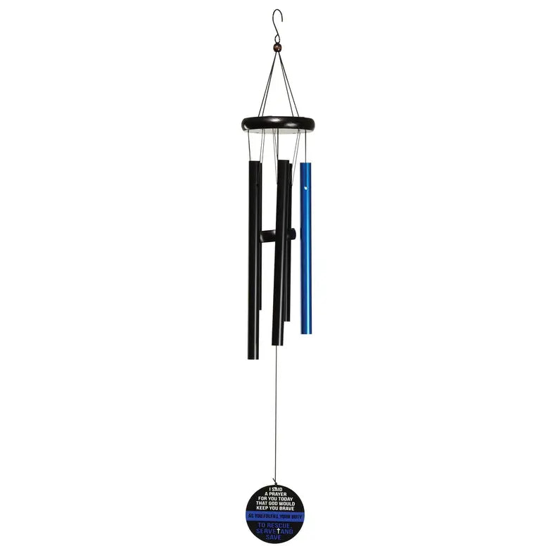 Black and blue metal wind chime with a round base, decorative, and modern design for outdoor decor.