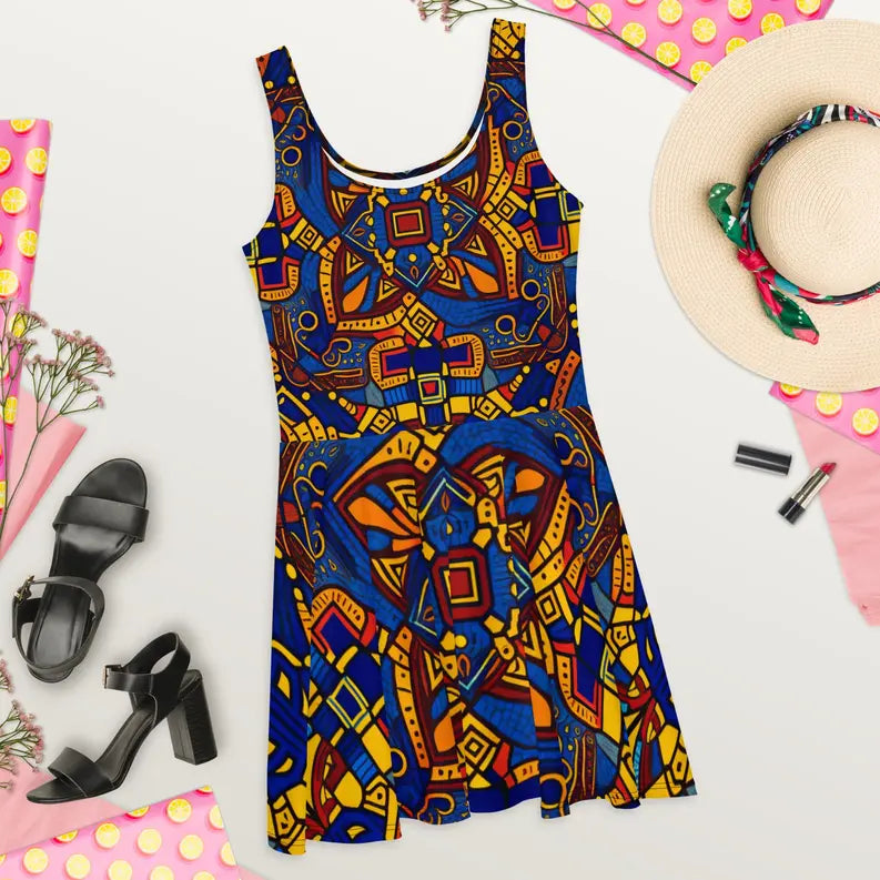 Women Skater Dress in African Fabric Print Yellow and Blue Adirelounge