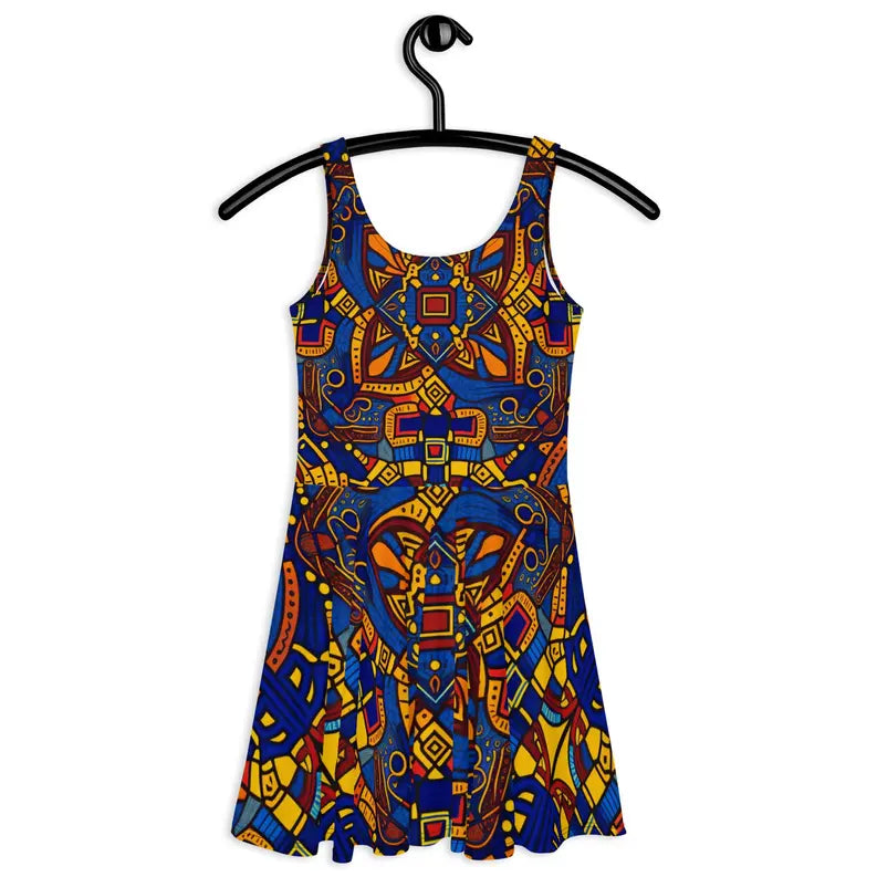 Women Skater Dress in African Fabric Print Yellow and Blue Adirelounge