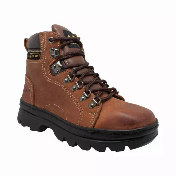 Brown leather hiking boots with sturdy rubber sole and metal eyelets, ideal for outdoor adventures.