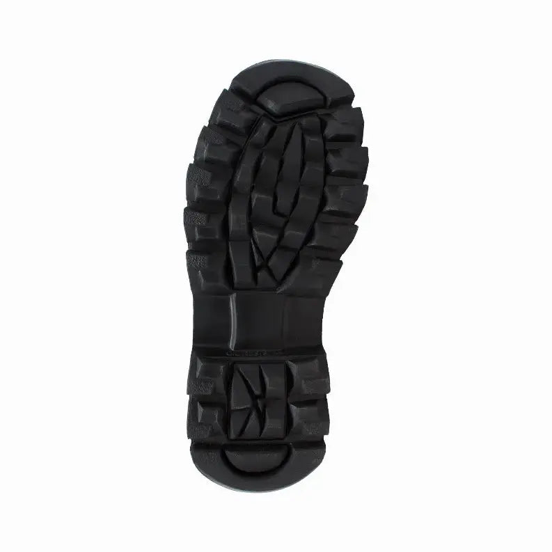 Black rubber outsole with rugged traction pattern for enhanced grip and durability in outdoor activities.