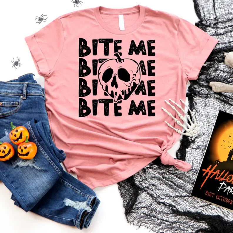 Women's Halloween Bite Me Skull Apple T-Shirt Dream Team Designs