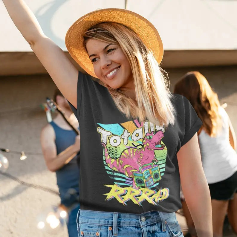 Women's Retro 80's Totally Rad Dinosaur T-Shirt Dream Team Designs