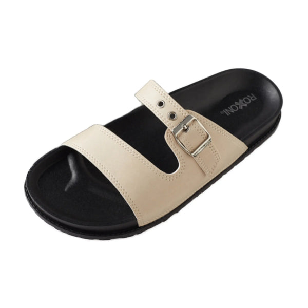 Womens Open Toe Comfort Flat Sandals Single Buckle Adjustable Straps Flat Slides Roxoni