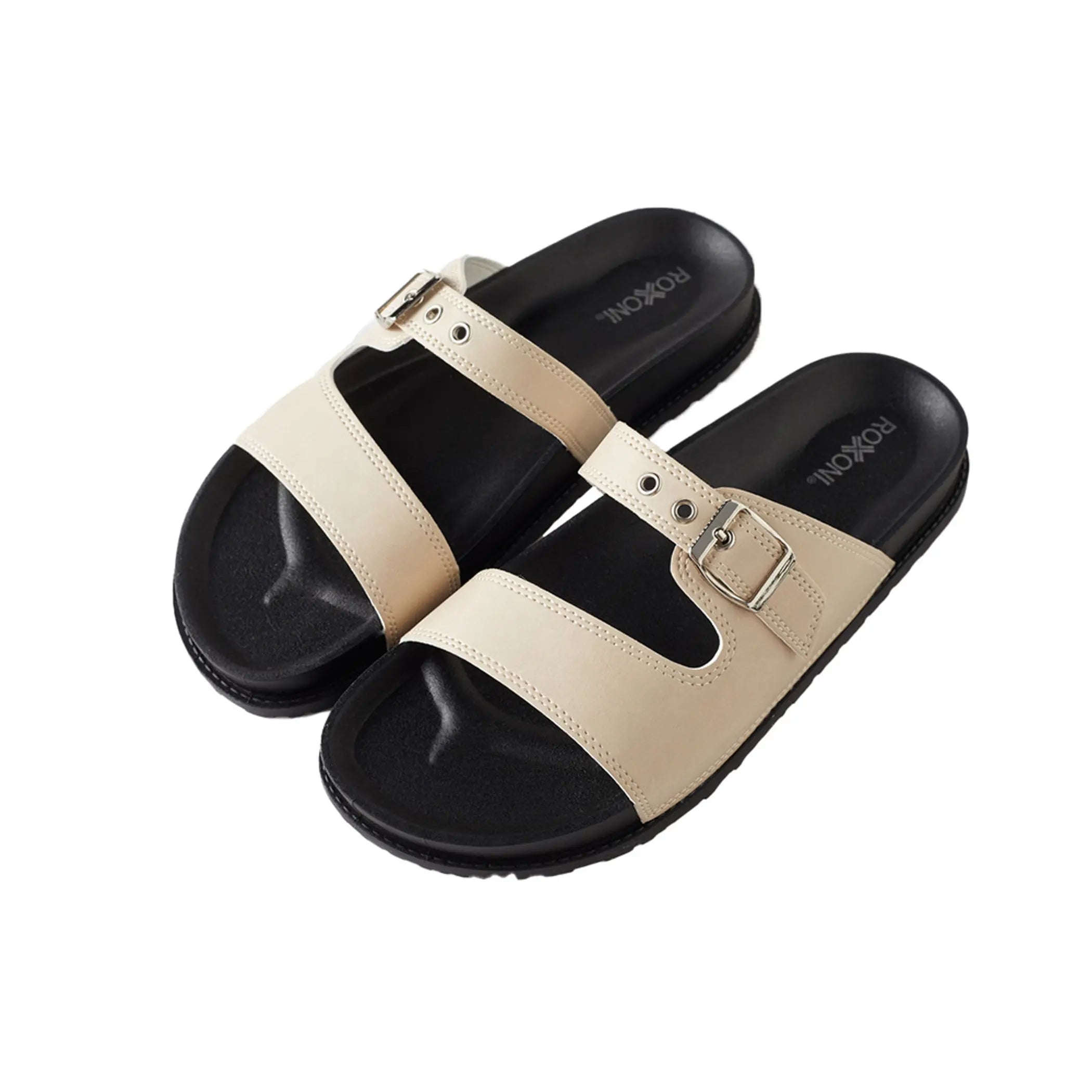 Womens Open Toe Comfort Flat Sandals Single Buckle Adjustable Straps Flat Slides Roxoni