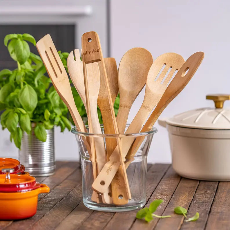 Wooden Spoons for Cooking 7-Pack - Bamboo Kitchen Utensils Set for Nonstick Cookware Jarganic
