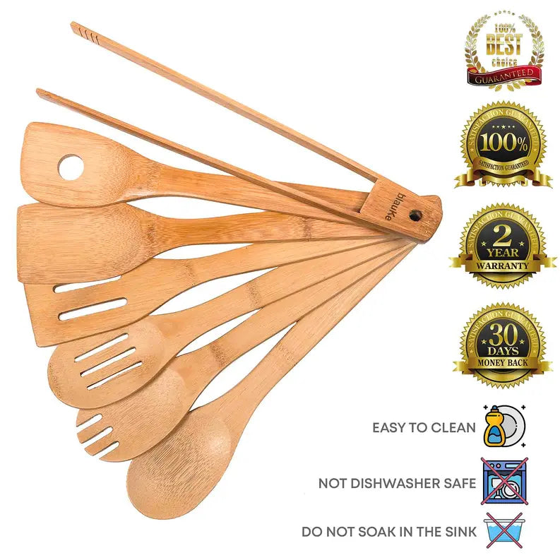 Wooden Spoons for Cooking 7-Pack - Bamboo Kitchen Utensils Set for Nonstick Cookware Jarganic
