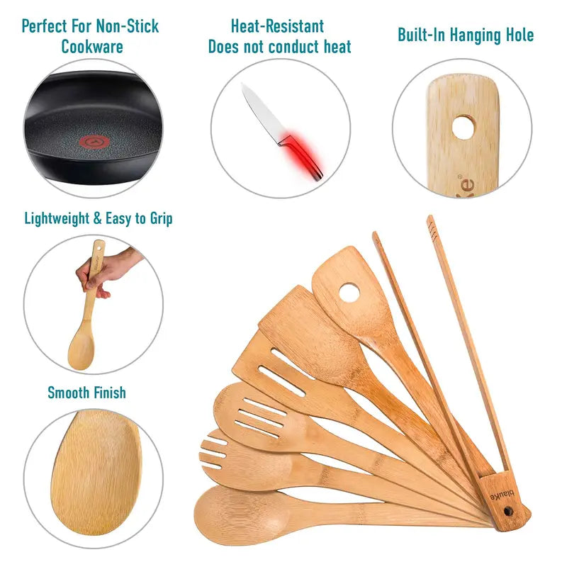 Wooden Spoons for Cooking 7-Pack - Bamboo Kitchen Utensils Set for Nonstick Cookware Jarganic