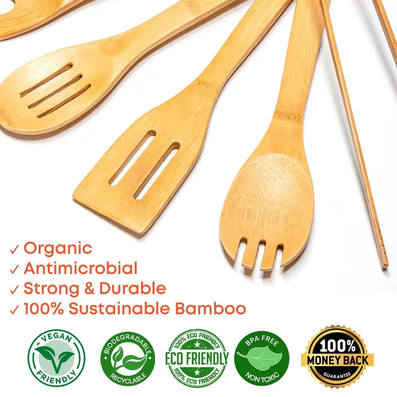 Wooden Spoons for Cooking 7-Pack - Bamboo Kitchen Utensils Set for Nonstick Cookware Jarganic