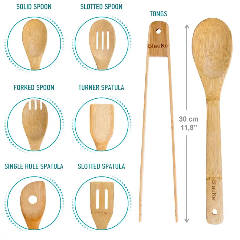 Wooden Spoons for Cooking 7-Pack - Bamboo Kitchen Utensils Set for Nonstick Cookware Jarganic