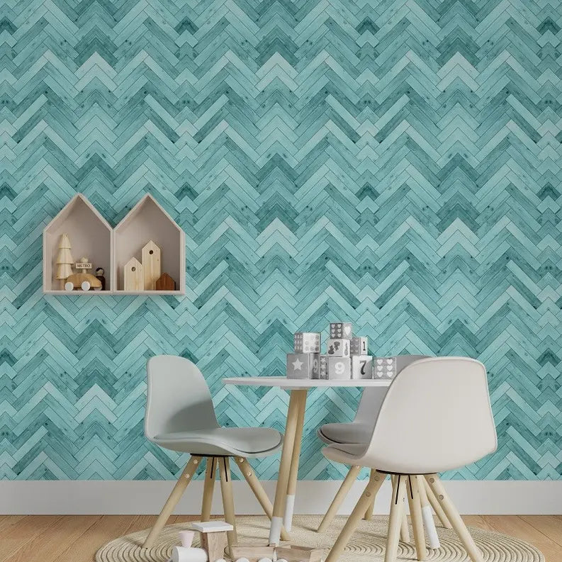 'Woodland Turquoise' Herringbone Peel & Stick Wallpaper SBC-LTD
