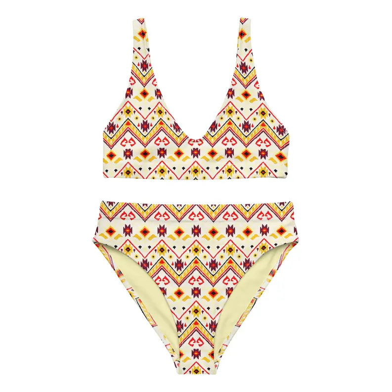 Colorful tribal-print bikini set in yellow, red, and orange. Stylish V-neck top with high-waisted bottoms.