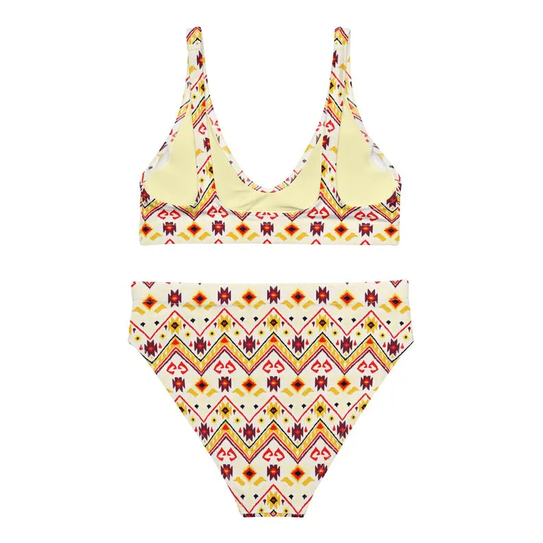 Yellow and red geometric print bikini set featuring a scoop neck top and high-waisted bottoms. Perfect for summer.