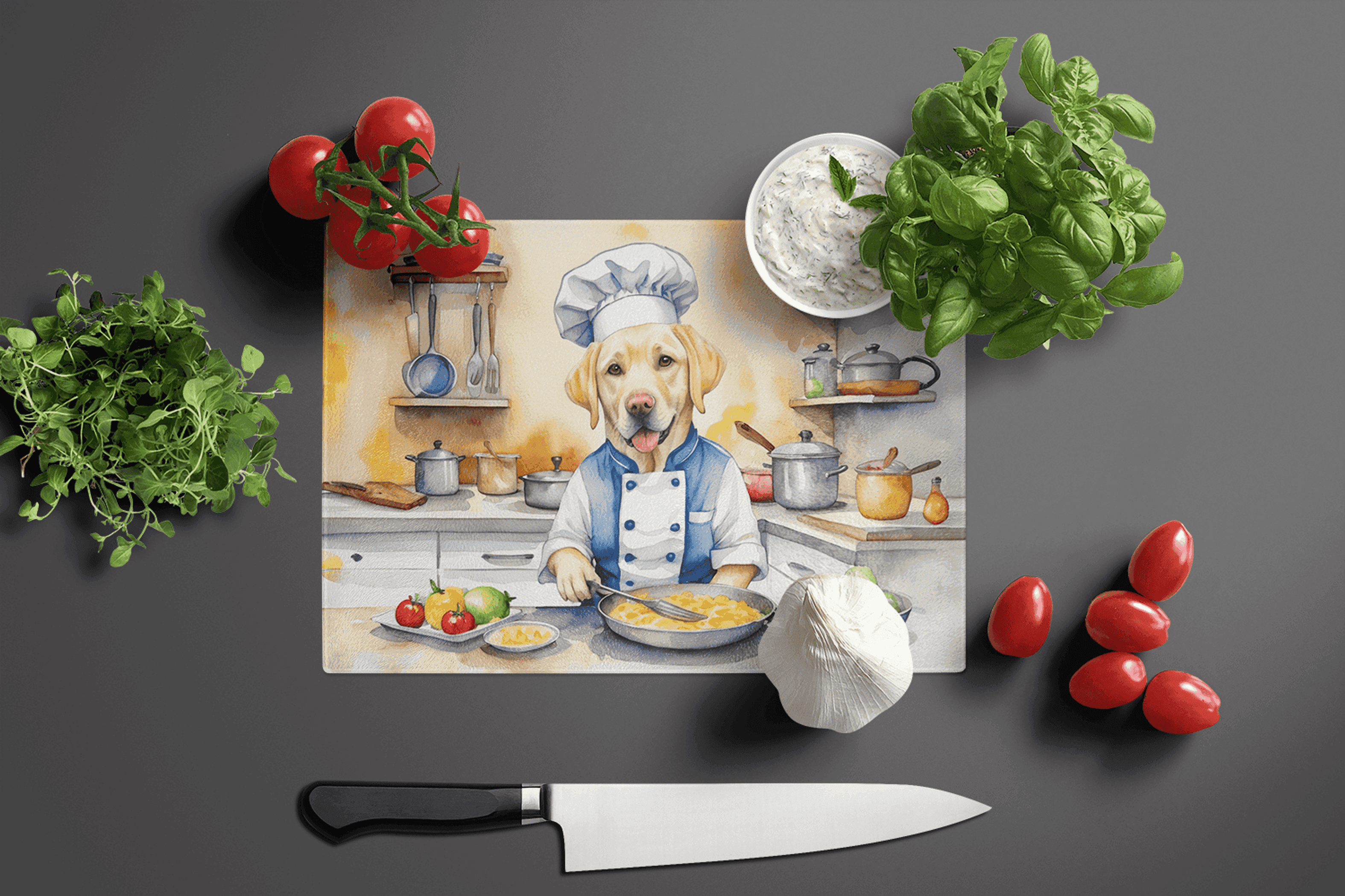 "Colorful dog-themed cutting board featuring a chef Labrador, with fresh veggies, herbs, and a knife, on a dark gray background."