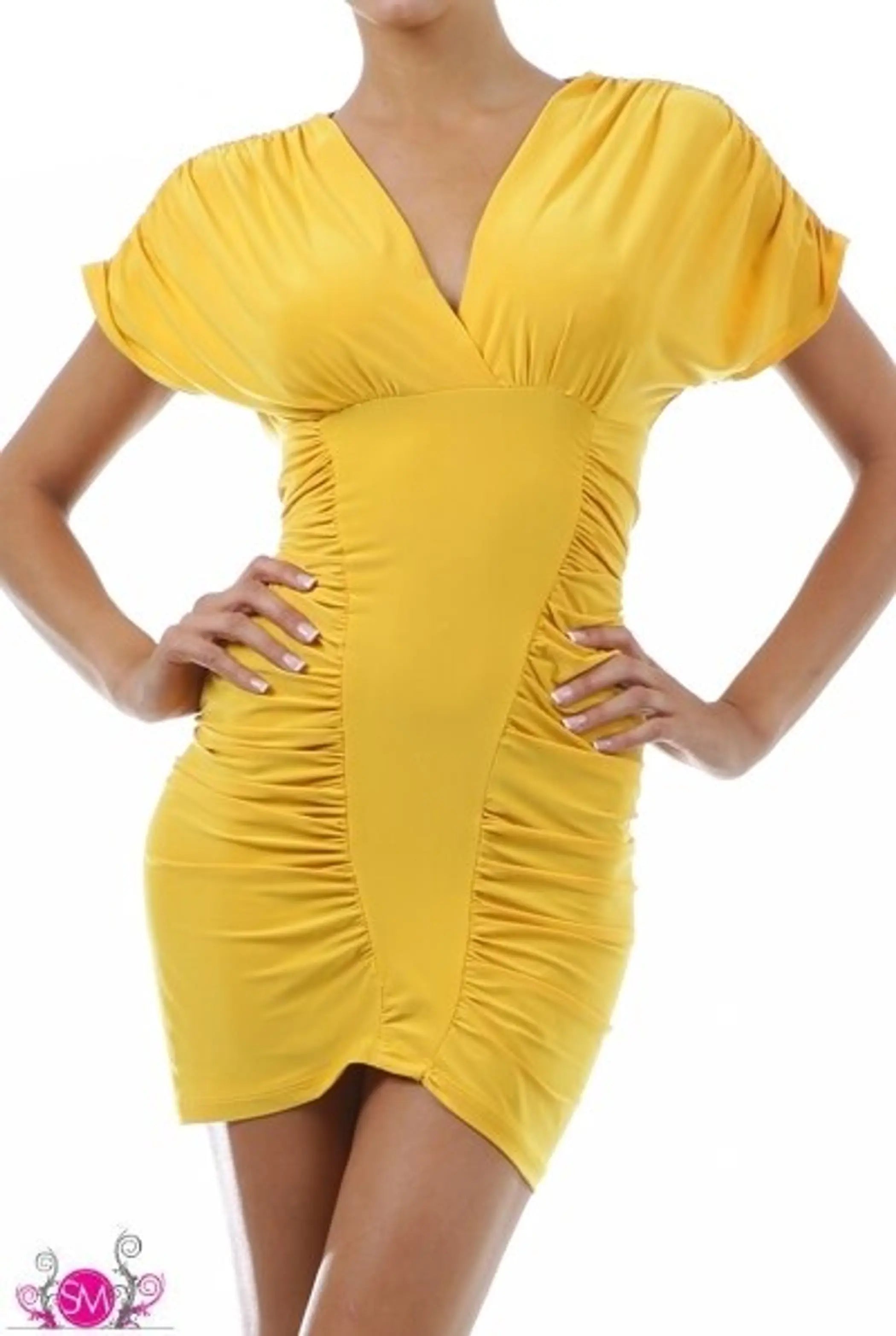 Yellow Sexy Lycra V Neck Mini Dress SurelyMine