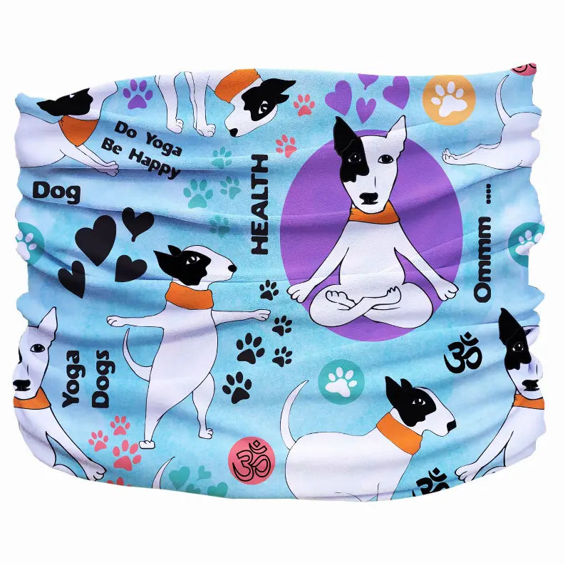 Colorful dog-themed neck gaiter in blue, featuring playful illustrations of dogs in yoga poses and happy messages.