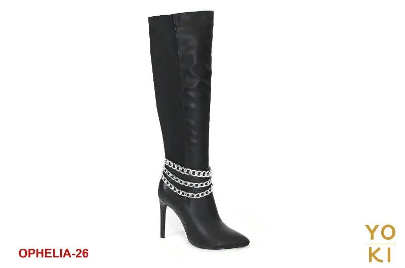 Yoki Womens Ophelia-26 Black knee High Stretch Boot w/Chains Yoki Fashion