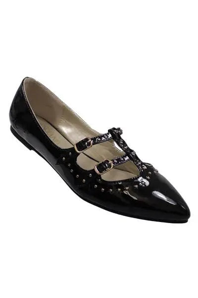 Yoki Womens URBAN-32 POINTED FLAT PATENT PU W/STUDS Yoki Fashion