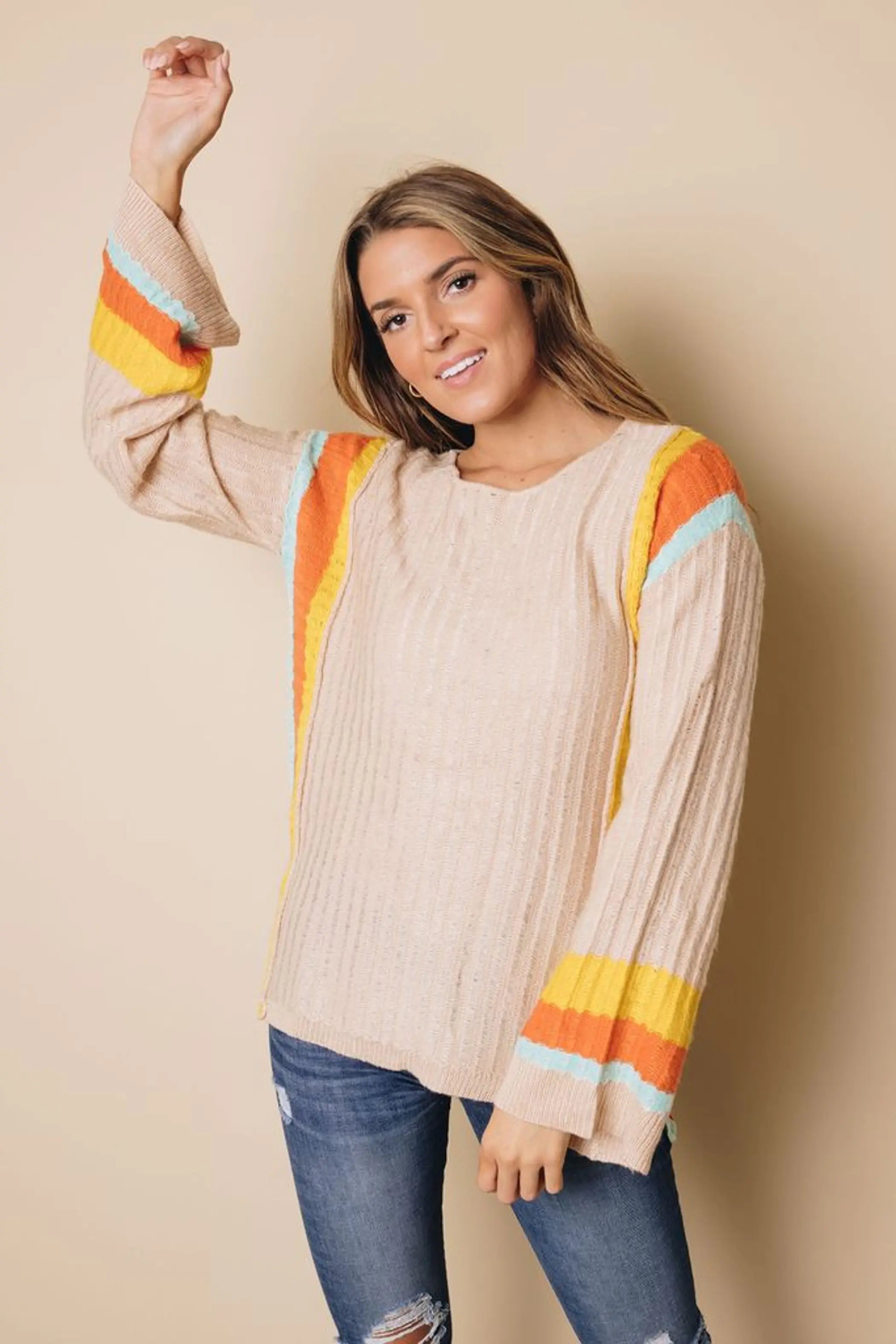 You Are Gold Striped Bell Sleeve Sweater Stay Warm in Style