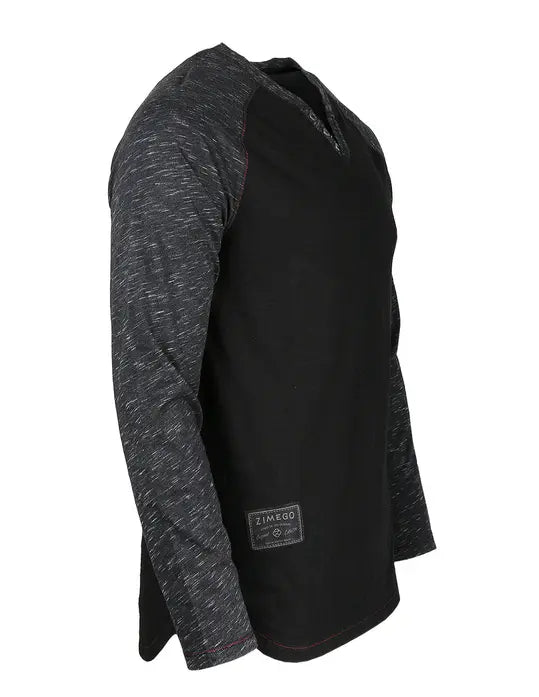 ZIMEGO Long Sleeve Contrast Raglan Henley V-Neck T-Shirts BLK-BLK Zimego Apparel
