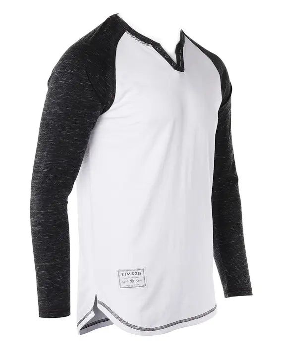 ZIMEGO Long Sleeve Contrast Raglan Henley V-Neck T-Shirts Zimego Apparel