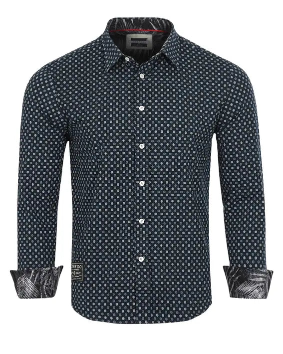 Navy blue patterned shirt with white dots, long sleeves, and contrasting cuff details, perfect for casual outings.
