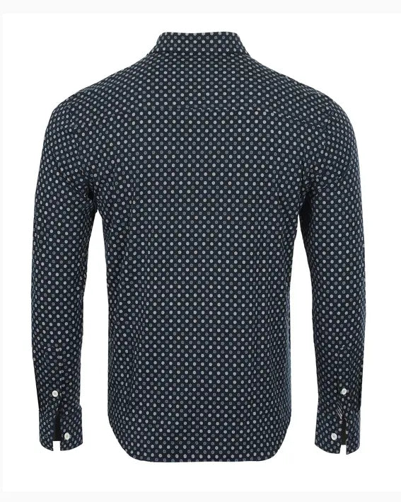 Navy blue cotton shirt with white geometric pattern, button-down collar, and long sleeves, perfect for smart-casual style.