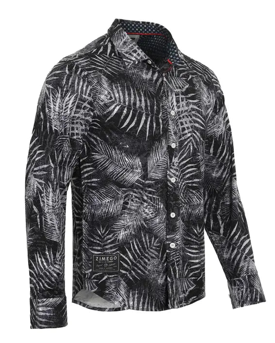 Black and white leaf-patterned long sleeve shirt in lightweight fabric, featuring a contrasting navy collar and button-up design.