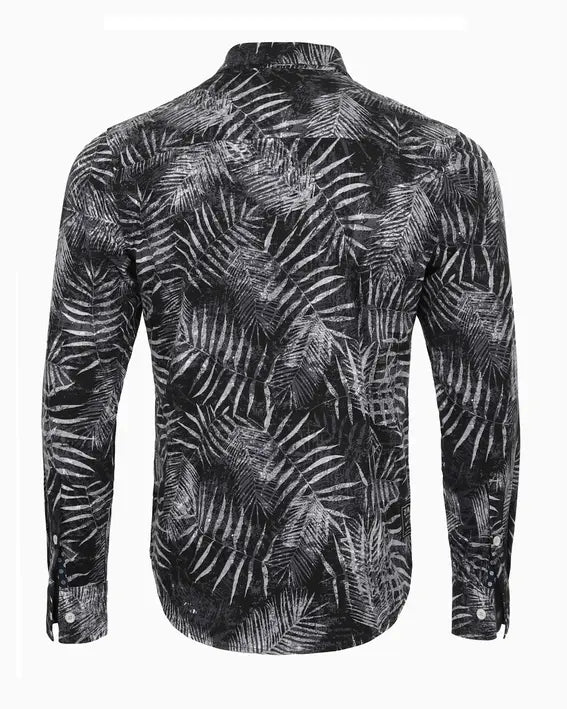 Men's black and white floral print long-sleeve shirt, lightweight fabric, modern casual style.