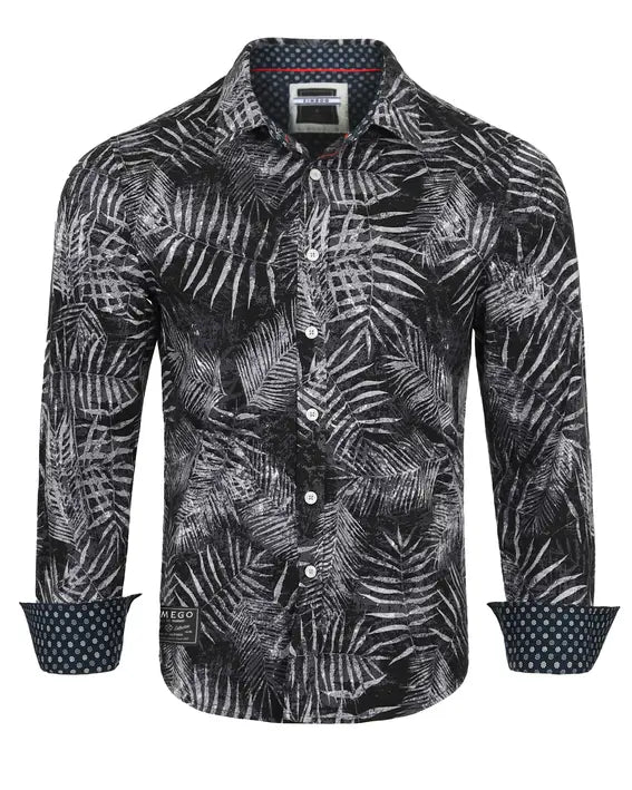 Men's black and white leaf print shirt with contrasting navy polka dot cuffs, perfect for casual and smart occasions.