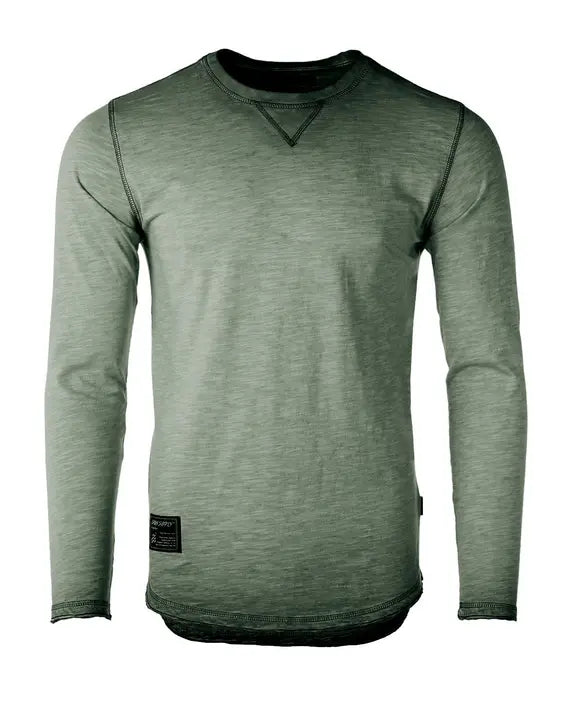 ZIMEGO Mens Long Sleeve Crewneck Oil Wash Vintage Raw Edge Hem Hipster Hip-Hop T shirt Zimego Apparel