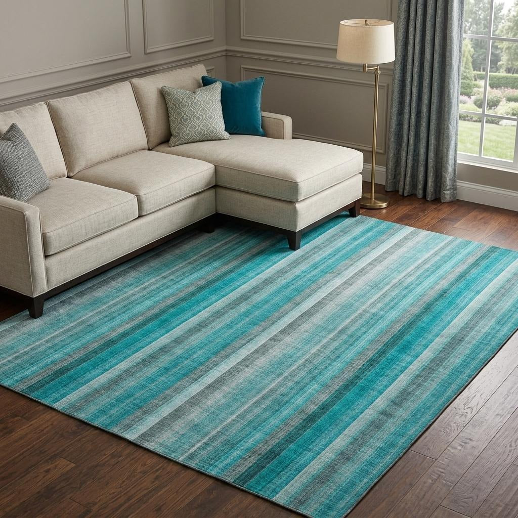 10' X 14' Teal And Gray Striped Shag Washable Area Rug With UV Protection - Home & Garden