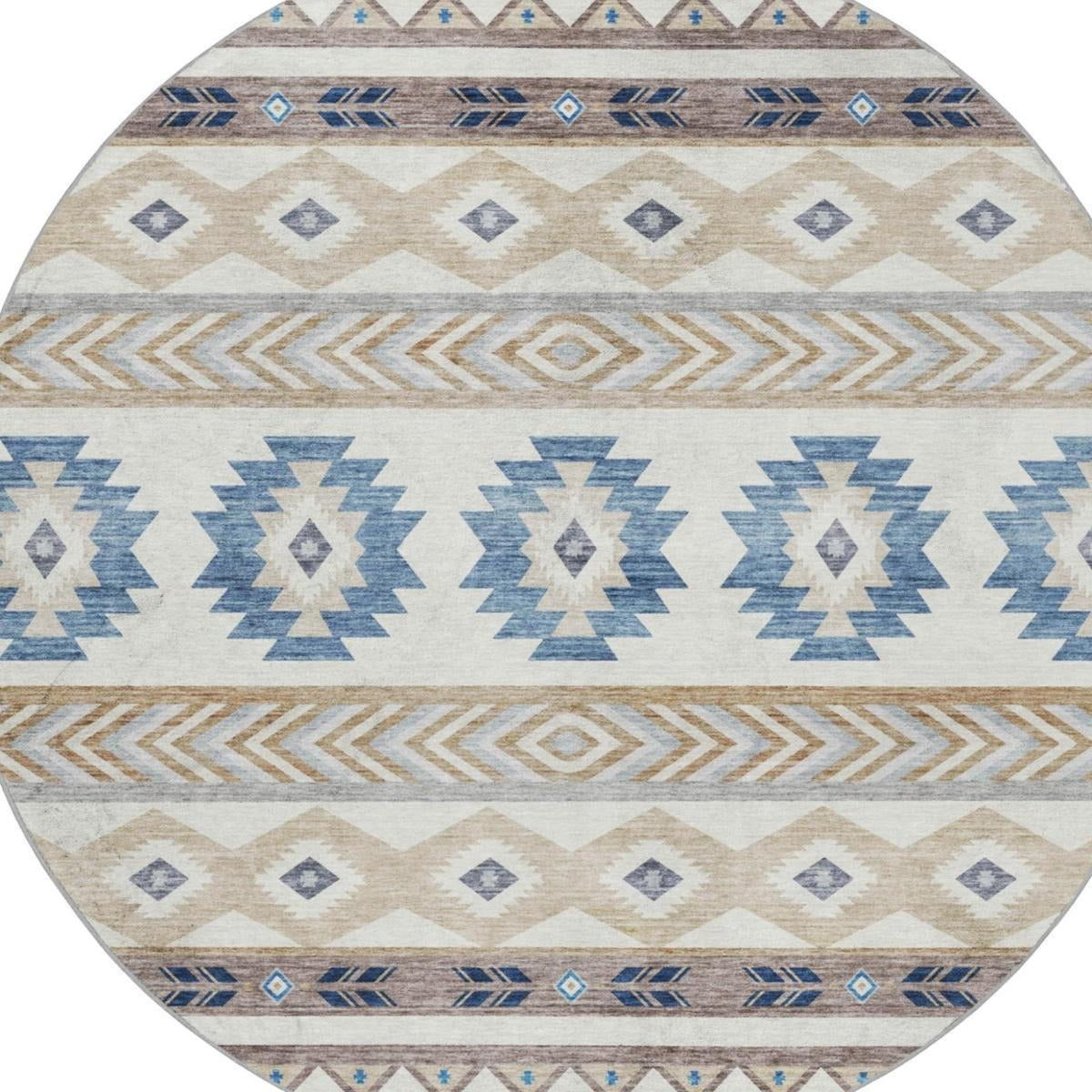 8' Taupe And Ivory Geometric Shag Washable Round Rug With UV Protection - Home & Garden