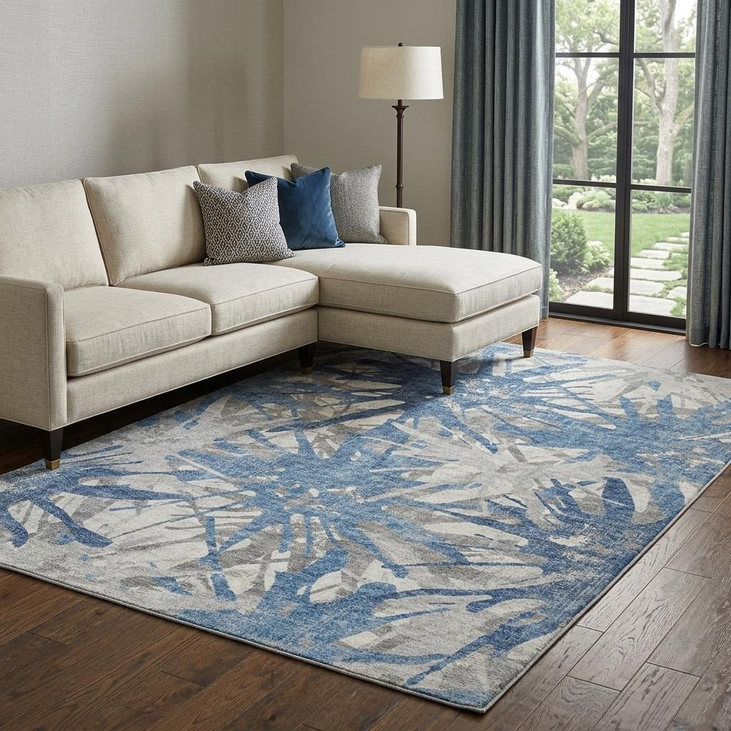 10' X 14' Blue And Navy Blue Abstract Shag Washable Area Rug With UV Protection - Home & Garden