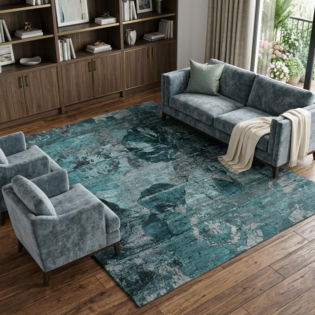 10' X 14' Teal And Gray Abstract Shag Washable Area Rug With UV Protection - Home & Garden