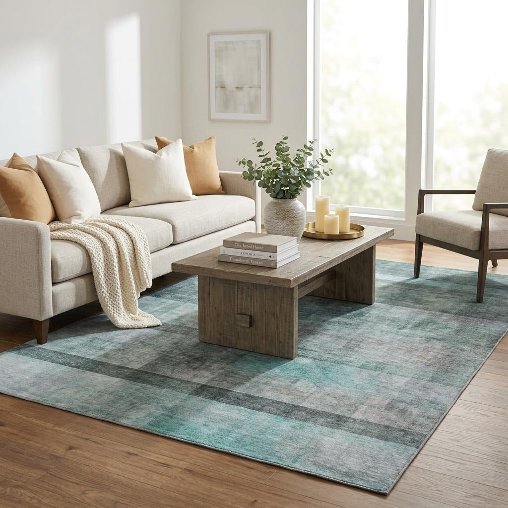 5' X 8' Teal And Gray Geometric Shag Washable Area Rug With UV Protection - Home & Garden