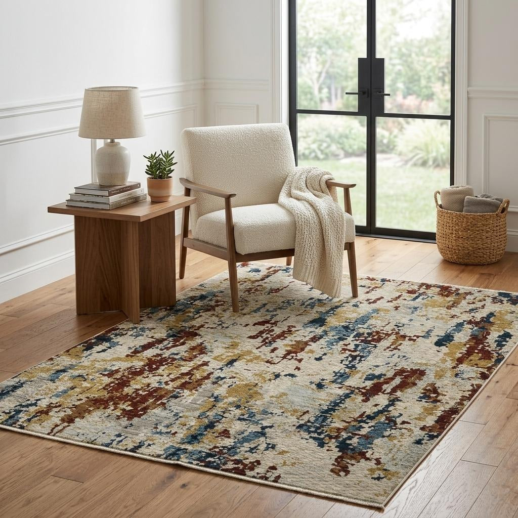 5' X 8' Beige Rust And Light Blue Abstract Distressed Area Rug With Fringe - Home & Garden