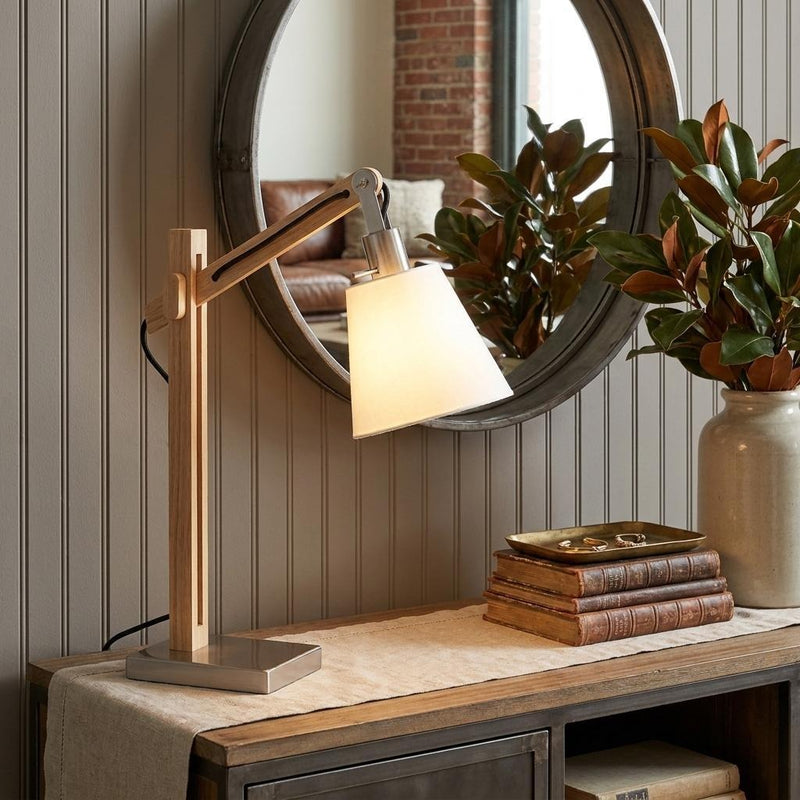 25" Natural Wood Adjustable Height Table Lamp With White Bell Shade - Lighting