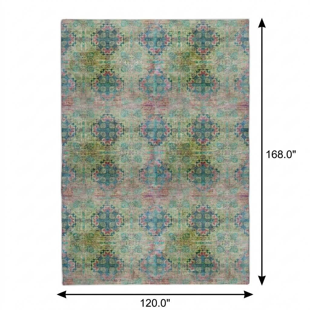 10' X 14' Green And Teal Medallion Shag Washable Area Rug With UV Protection - Home & Garden