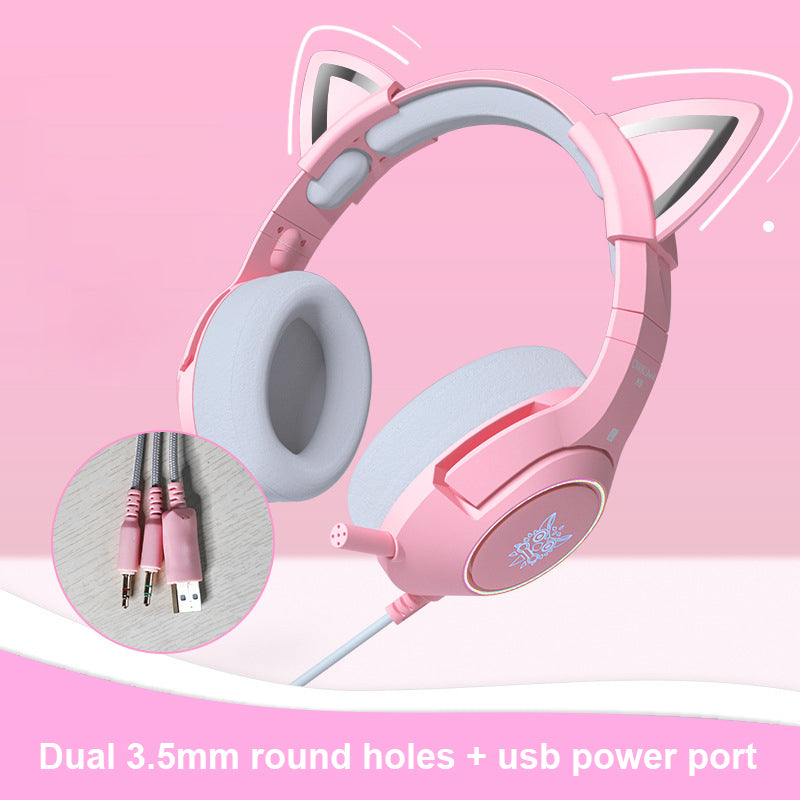 Pink Girl Headset Cat Ear Headset Cute Girl Heart Gaming Gaming Headset Comfortable Leather Earmuffs Cat Ears