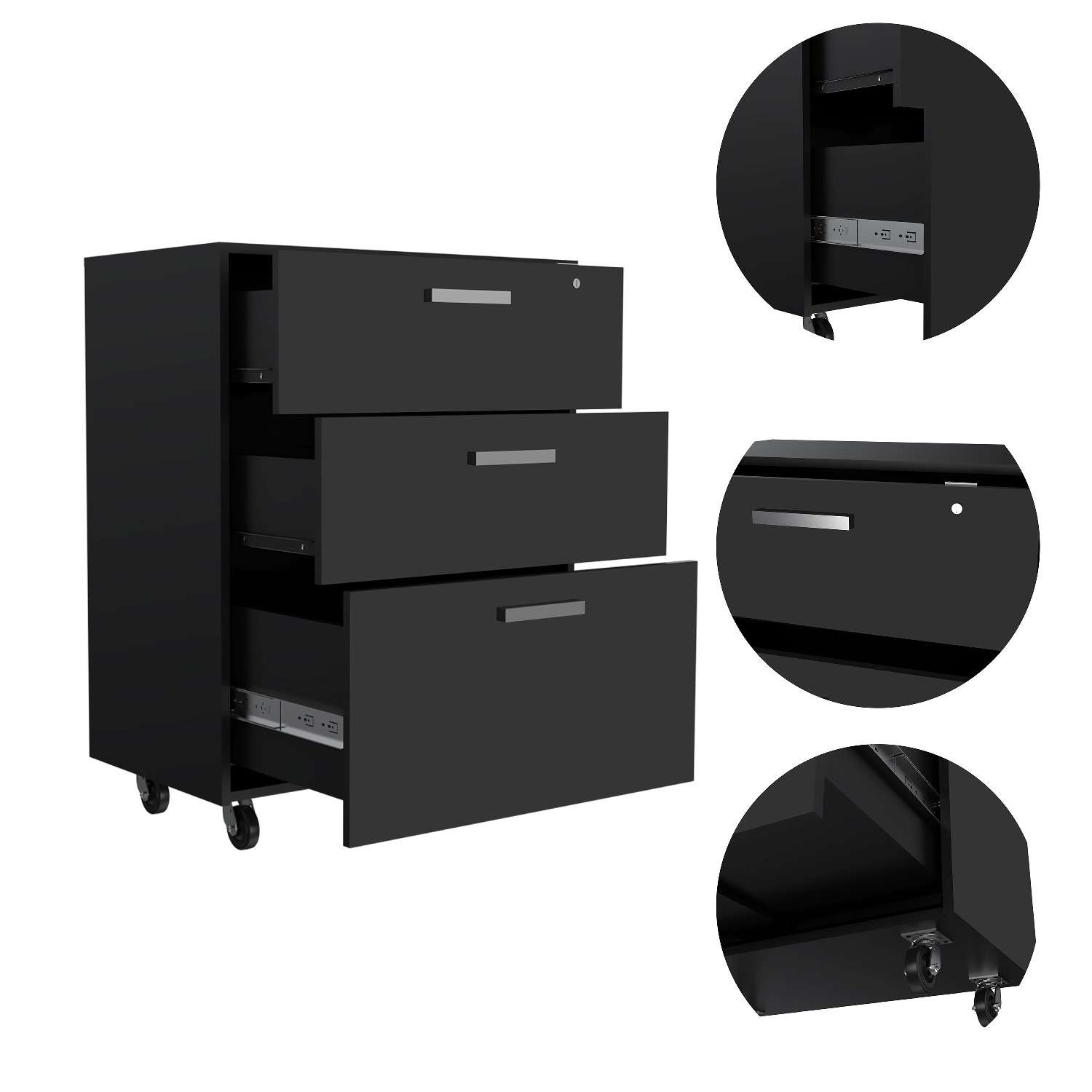 35" Black Wood Three Drawers Filing Cabinet - Office