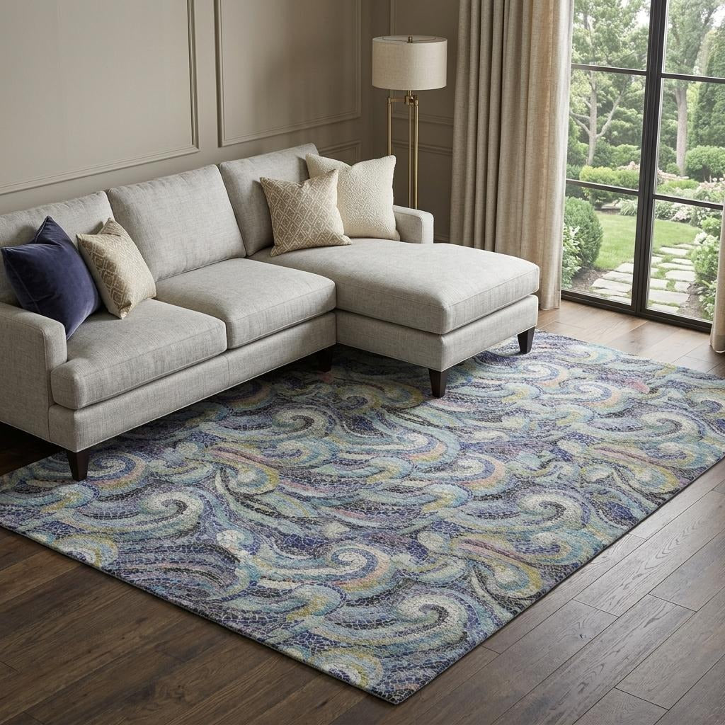 10' X 14' Navy Blue And Denim Blue Abstract Shag Washable Area Rug With UV Protection - Home & Garden