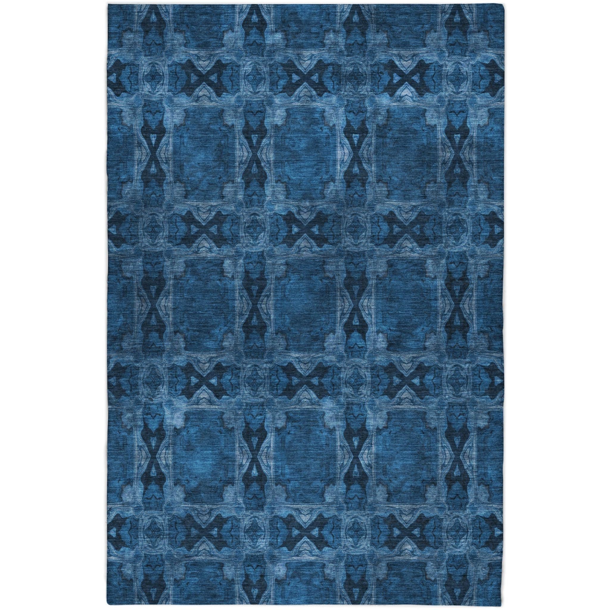 5' X 8' Navy Blue And Gray Geometric Shag Washable Area Rug With UV Protection - Home & Garden