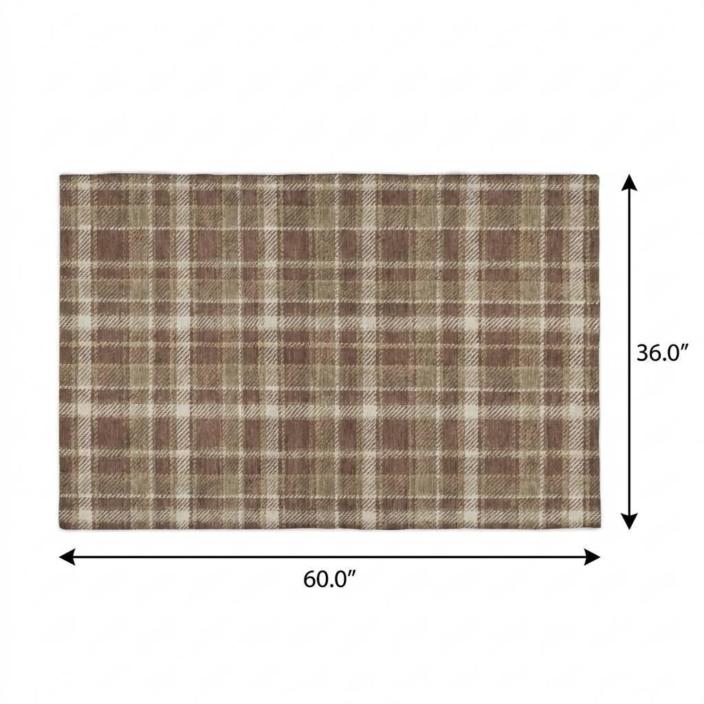 3' X 5' Chocolate And Taupe Plaid Shag Washable Area Rug With UV Protection - Home & Garden
