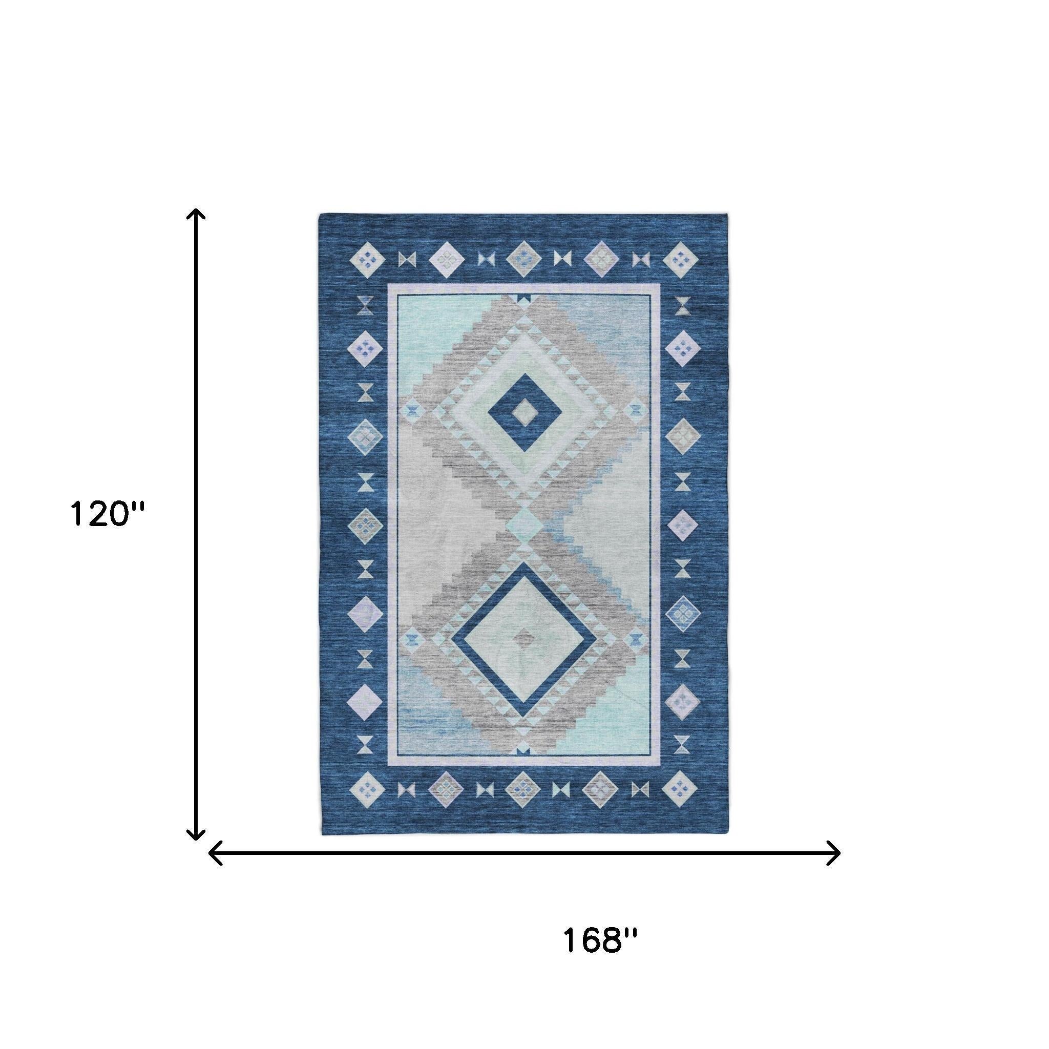 10' X 14' Blue And Denim Blue Geometric Shag Washable Area Rug With UV Protection - Home & Garden