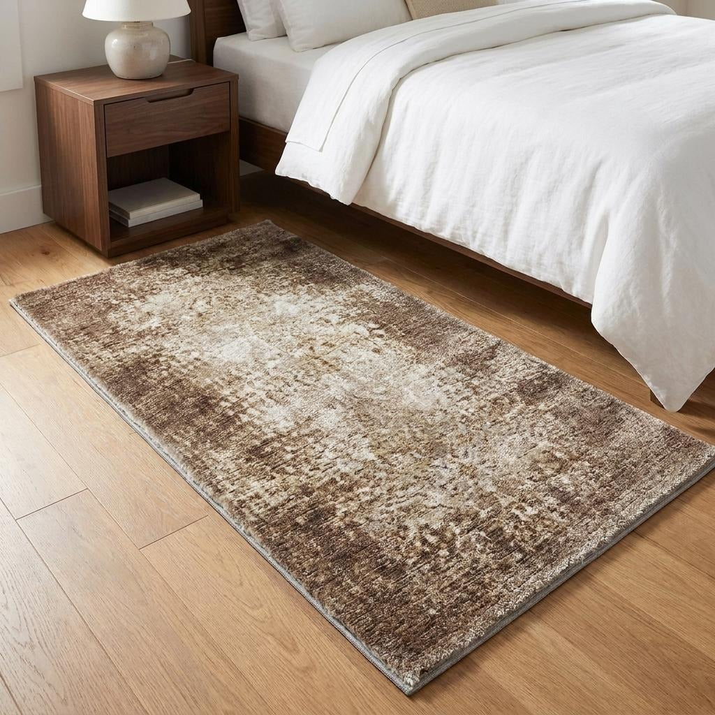 3' X 5' Brown And Ivory Abstract Shag Washable Area Rug With UV Protection - Home & Garden
