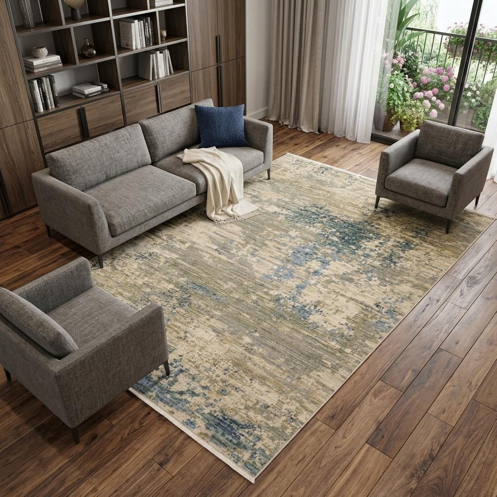 10' X 13' Beige And Blue Abstract Area Rug With Fringe - Home & Garden