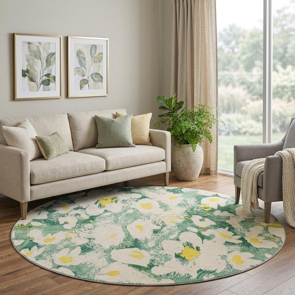 8' Green And Gold Floral Shag Washable Round Rug With UV Protection - Home & Garden